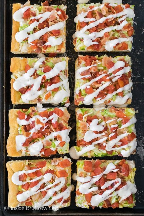 Dinner For Summer, Blt Pizza, Cold Pizza, Classic Blt Sandwich, Ranch Pizza, Chicken Bacon Ranch Pizza, Munchies Snacks, Pizza Easy, Chicken Blt