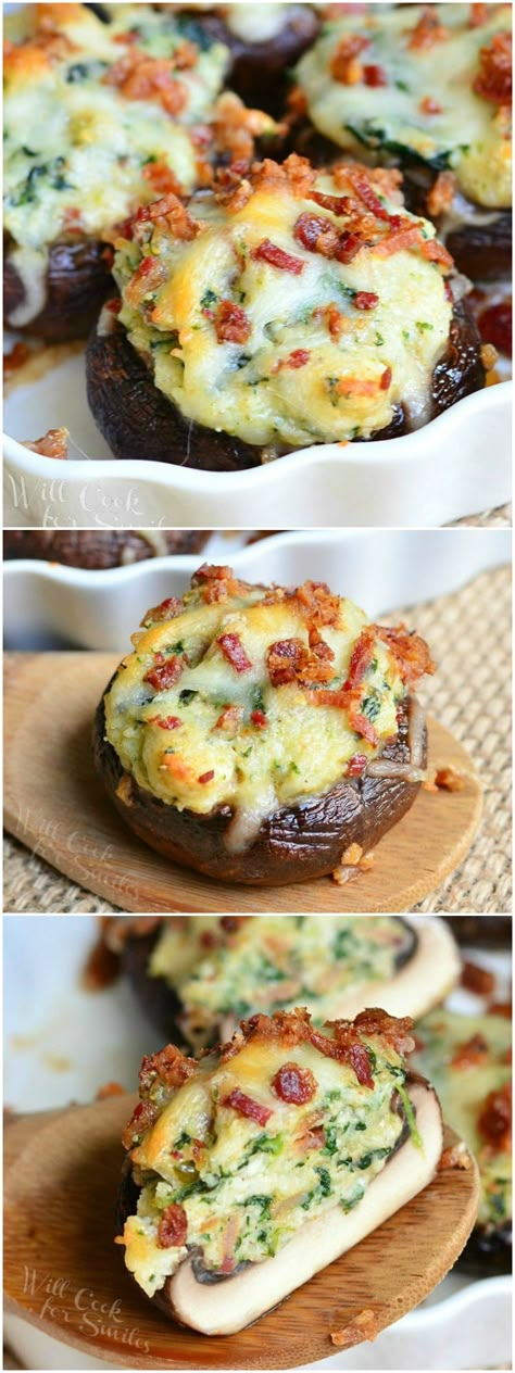 Bacon Spinach and Four Cheese Stuffed Mushrooms. Incredibly delicious stuffed mushrooms, made with a flavorful mixture of crispy bacon, spinach and Italian cheese mix.  #mushrooms #stuffedmushrooms #bacon #snack #partyfood #appetizer Cheese Stuffed Mushrooms, Bacon Stuffed Mushrooms, Stuffed Mushroom, Summer Appetizer, Appetizer Ideas, Viewing Party, Cheese Stuffed, Jalapeno Poppers, Mushroom Recipes