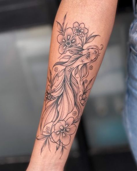 Koi Fish Arm Tattoo Women, Cool Tattoos For Women Half Sleeves, Koi Fish Forearm Tattoo, Koi Fish And Flower Tattoo, 1975 Tattoo, Side Hip Tattoos, Minimal Tattoo Ideas, Flower Tattoo Ideas, Feminine Tattoo Sleeves