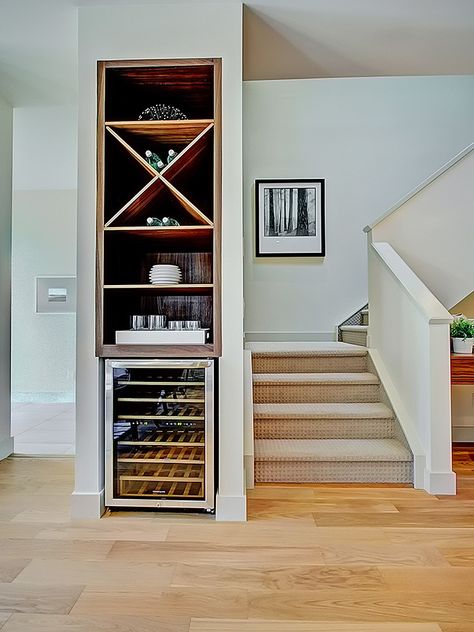 Wine Fridge Under Staircase, Wine Fridge Cabinet Free Standing, Wine Built In Wall, Small Pantry With Wine Fridge, Wine Fridge Nook, Mini Wine Fridge Cabinet, Small Wine Fridge Ideas, Wine Fridge Wall Unit, Wine Fridge In Wall