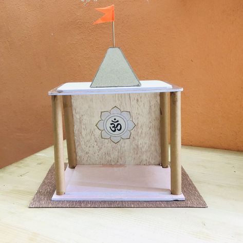 Diy homemade cardboard indian temple Cardboard Mandir Diy, Diy Mandir Ideas Cardboard, Cardboard Temple Diy, Temple Crafts For Kids, Diy Temple For Home, Diy Mandir, Mandir At Home, Evs Project, Indian Decor Diy