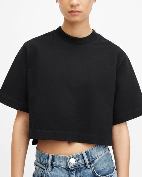 Lottie Oversized Cropped T-Shirt Black | ALLSAINTS Oversized Cropped Tshirt, Highwaisted Jeans, Cropped Tshirt, Curve Jeans, Beachwear Skirt, Cover Beachwear, Crop T Shirt, Denim Coat Jacket, Leather Trousers