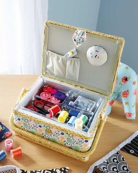 Aldi currently has these vintage-style sewing boxes as a Special Buy. As you would expect, they are ridiculously cheap too. Sew Basket, Sewing Equipment, Sewing Storage, Sewing Basket, Sewing Baskets, Sewing Box, Fabric Storage, Sewing Accessories, Sewing Stores