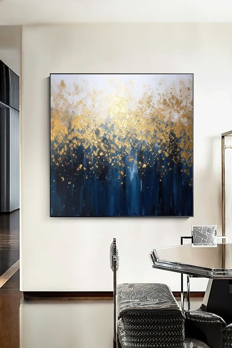 Original handmade gold and navy abstract painting with shimmering accents on canvas, textured brushstrokes create depth and movement Gold Painting, Silhouette Painting, Handmade Wall Art, Handmade Artwork, Navy Gold, Gold Paint, Gold Accents, Unique Pieces, Abstract Painting