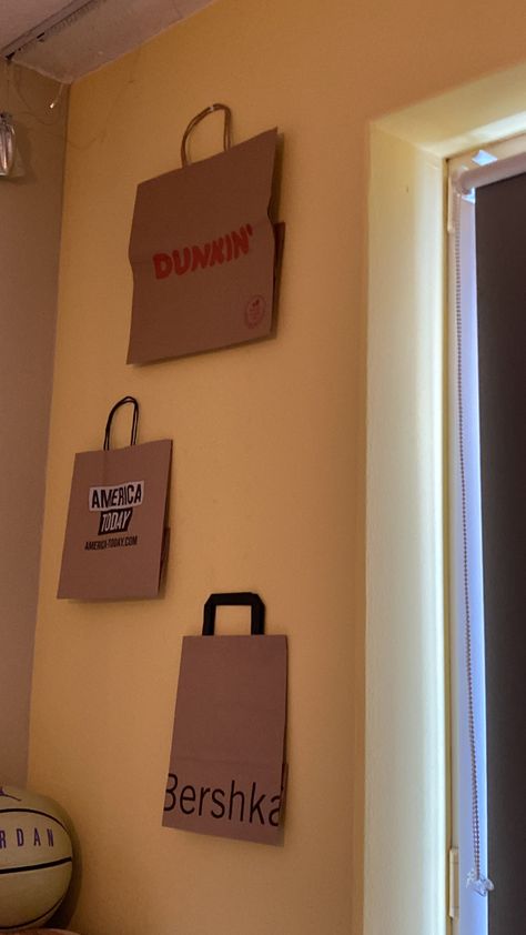 Shopping Bags On Wall For Room Decor, Baddie Room, Room Redesign, Bag Display, Walls Room, America Today, Bedroom Inspo, Wall Display, Bedroom Wall