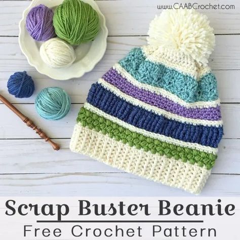 This free crochet hat pattern is both a scrap buster, as well as a stitch sampler! Use up some of your stash and learn some new stitches at the same time! #caabcrochet #freecrochetpattern #crochetbeanie Crochet Touque, Crochet Headwear, Yarn Beanie, Crocheted Ideas, Crochet Children, Crochet Beanie Pattern Free, Headwear Accessories, Scrap Projects, Crochet Beanies