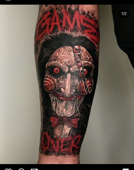 Candy Man Tattoo, Horror Fan Tattoos, The Grudge Tattoo, Scary Movie Tattoos Sleeve, Billy The Puppet Tattoo, Saw Tattoo Design, Jigsaw Tattoo Design, Django Tattoo, Saw Tattoo Jigsaw