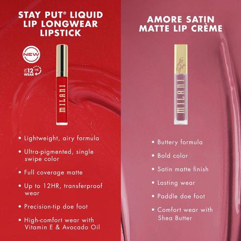 Did you know the difference between Milani Stay Put Long Wear Lipstick & Milani Amore Satin Lip Creme? 👇🏾👌☺️ Stay Put Long Wear Liquid Lipstick at 80k🇺🇬 Amore Satin Lip Creme at 65k🇺🇬 Call/Whatsapp 0704 261 720 for deliveries. . #beautytrendsuganda #milanicosmetics #lipstick #lipcreme #satinlipstick #mattelipstick #lipstickaddict #stayput #repost #grwm #dyk #eastafrica #kampalarestaurantweek #uganda Milani Cosmetics, Long Wear Lipstick, Creme Lipstick, Satin Lipstick, Restaurant Week, Comfort Wear, Matte Lips, Call Whatsapp, Matte Lipstick