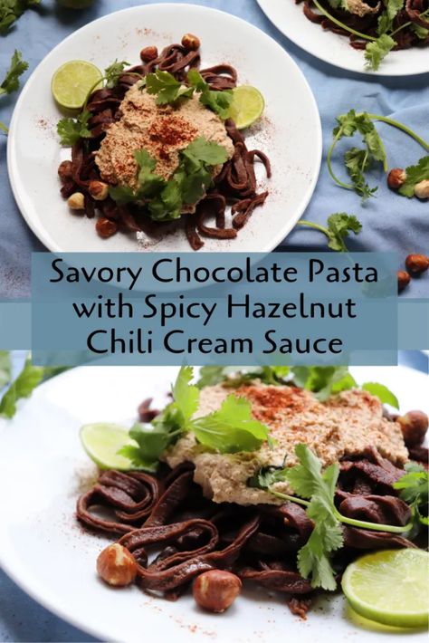 Savory Chocolate Pasta with Hazelnut Chili Cream Sauce - Very Vegan Val Savory Chocolate, Vegan Valentines, Chocolate Pasta, Chocolate Dishes, Creamy Mushroom Sauce, Vegan Chili, Dinner At Home, Pasta Maker, Spicy Chili