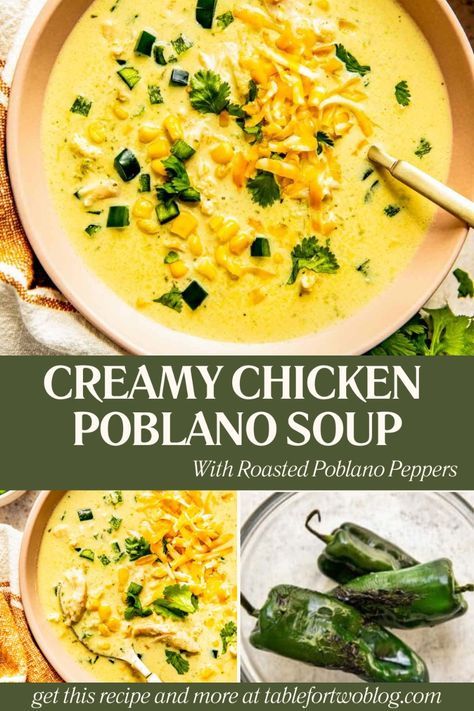 Warm up with our Creamy Chicken Poblano Soup! 🥣🌶️  This hearty and zesty soup is perfect for chilly days. Quick to make and filled with comforting flavors, it's sure to become a favorite.  Try it out and let me know how you like it! Instant Pot Chicken Poblano Soup, Chicken And Roasted Poblano Soup, Poblano Cheddar Soup, Poblano Potato Soup, Cheesy Poblano Soup, Chicken Poblano Casserole, Creamy Poblano Soup, Cream Of Poblano Soup, Creamy Chicken Poblano Soup