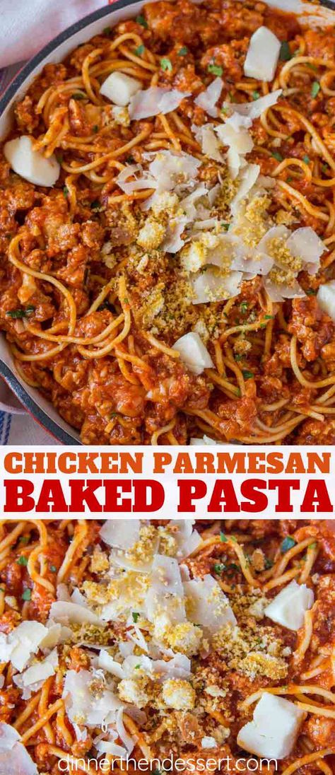 Chicken Parmesan Pasta made in just 30 minutes with ground chicken, pasta, mozzarella and Parmesan cheese baked in a skillet with easy Marinara sauce. | #chickenparm #chicken #groundchicken #parmesan #italianfood #pasta #dinner #easydinner #dinnerthendessert Ground Chicken Pasta, Chicken Marinara Pasta, Chicken With Spaghetti Sauce, Parmesan Noodles, Easy Marinara Sauce, Chicken Parmesan Pasta, The Cheesecake Factory, Chicken Noodles, Chicken Pasta Bake