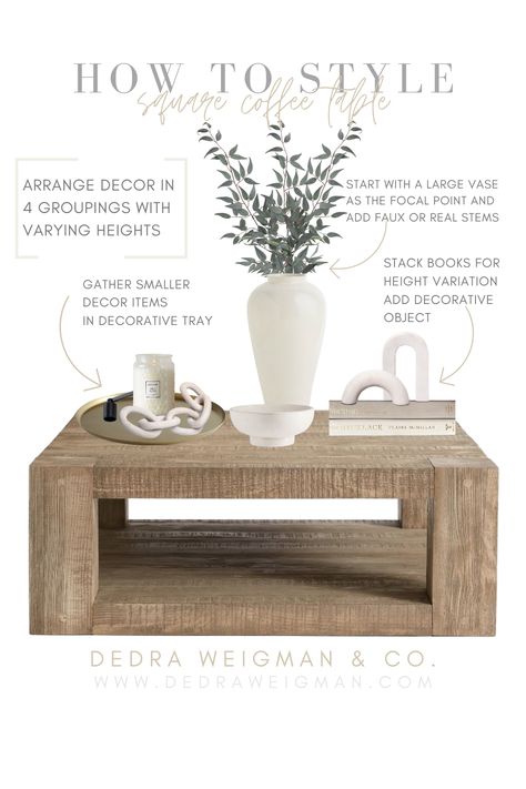 Take the guesswork out of coffee table styling! Here's how to style a square coffee table! Arrange home decor in 3 groupings aligned to the length of the coffee table. Always start with a large vase as the focal point, then style around the focal point. More tips? Head to my website!   #coffeetablestyling #coffeetable #howtostyleacoffeetable #squarecoffeetable #coffeetabledecor #coffeetableideas Bowl On Coffee Table Decor, Restoration Hardware Square Coffee Table, Coffee Table Trends 2023, How To Style Rectangle Coffee Table, Neutral Coffee Table Decor, Styling A Square Coffee Table, Rectangular Coffee Table Styling, Large Coffee Table Decor, Large Coffee Table Styling