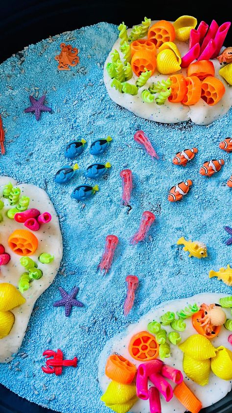 Mermaid Messy Play, Ocean Messy Play, Pasta Coral Reef, Mermaid Sensory Play, Ocean Playdough, Mermaid Sensory, Coloured Pasta, Diorama Kids, Sensory Bin Play