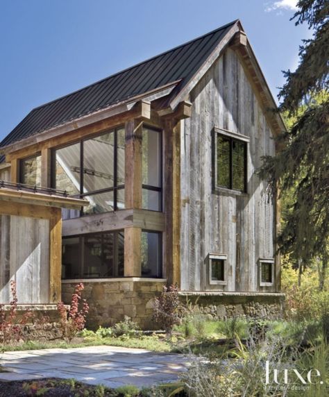 Mountain House Exterior, Aspen Vacation, Stone Foundation, Country Vacation, Driftwood Stain, Mountain Home Exterior, Aspen House, Timber Posts, Rustic Exterior