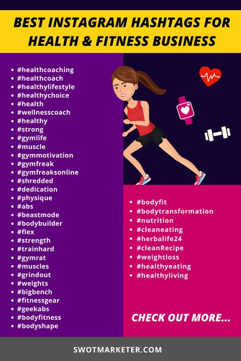 List of 50+ useful Instagram hashtags for businesses in health & fitness niche. #health #fitness #instagram #socialmediamarketing Best Fitness Hashtags For Instagram, Fitness Reel Captions, Workout Hashtags Instagram, Fitness Hashtags Instagram, Gym Hashtags Instagram, Reels Instagram Ideas Fitness, Fitness Content Ideas For Instagram, Gym Hashtags, Fitness Influencer Instagram