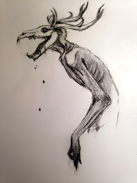 Wendigo Art Drawing, Cryptids Drawings, Wendigo Wallpapers, Wendigo Tattoo Design, Skinwalker Drawing, Skinwalker Tattoo, Cryptid Tattoo Ideas, Cute Wendigo, Wendigo Tattoo