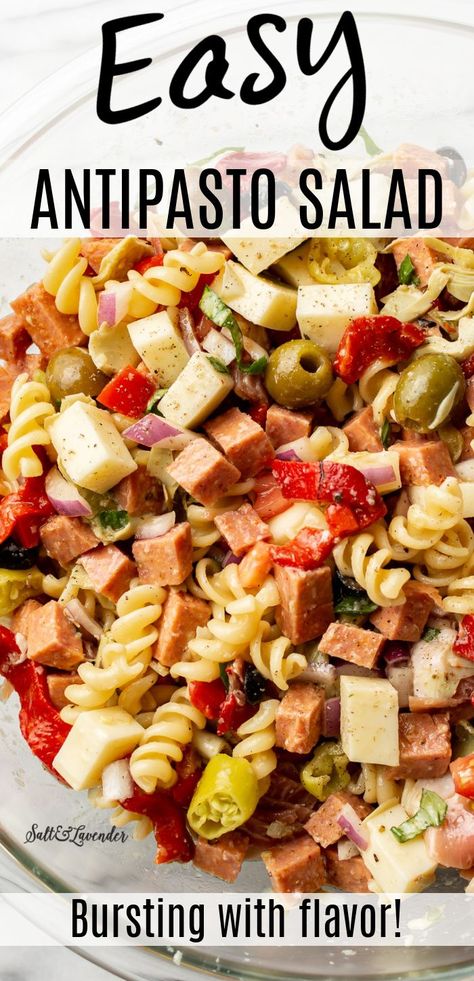 Easy Antipasto Salad Simple, Antipasto Pasta Salad Recipes, Pasta Salad With Salami And Cheese, Antipasto Pasta Salad Italian, Easy Italian Party Food, Antipasto Dressing Recipes, Antipasta Salads With Pasta, Anti Pasta Salad Antipasto, Salami Pasta Salad Recipes