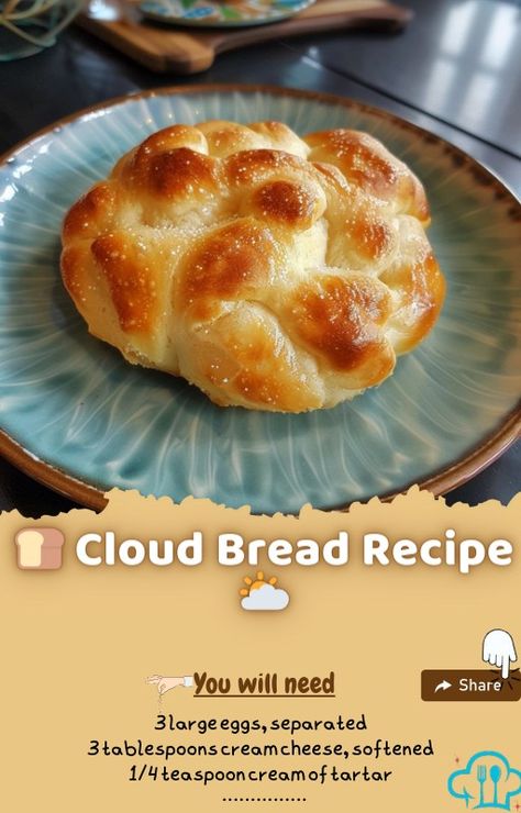 🍞 Cloud Bread Recipe 🌥️ Looking for a light and fluffy alternative to traditional bread? Dive into the whimsical world of Cloud Bread - a low-carb, gluten-free delicacy that's as airy as a cloud! Whether you're following a specific diet or simply looking for a creative twist on bread, this easy-to-make recipe will have you floating on cloud nine. Are you ready to whip up a batch of this ethereal delight? Let's get baking! 🥚🌾 Ingredients: 3 large eggs, separated 3 tablespoons cream cheese, ... Cloud Bread With Cream Cheese, Cloud Bread Recipe 3 Ingredients, Cloud Biscuits, Cloud Bread Recipe, Bread Alternative, Cream Cheese Bread, Cheese Buns, Bread Alternatives, Cloud Bread