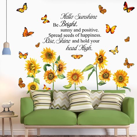 PRICES MAY VARY. What you get: the package comes with 6 sheets of big sunflower wall sticker, and the size of each sheet is 11.8 x 9.8 inches/ 30 x 25 cm, including 9 pieces of big sunflowers, 15 pieces of beautiful butterflies and inspirational words, the color is vibrant to attract your attention, which will maintain its beautiful decorative function Reliable quality: the sunflower and butterfly wall decals are made of PVC material, reliable and durable, safe and waterproof, not easy to fade, Wall Decals Flowers, Tv Decoration, Big Sunflower, Tv Wall Art, Sunflower Butterfly, Butterfly Wall Decals, Sunflower Wall Art, Wall Decals For Bedroom, Flower Wall Stickers