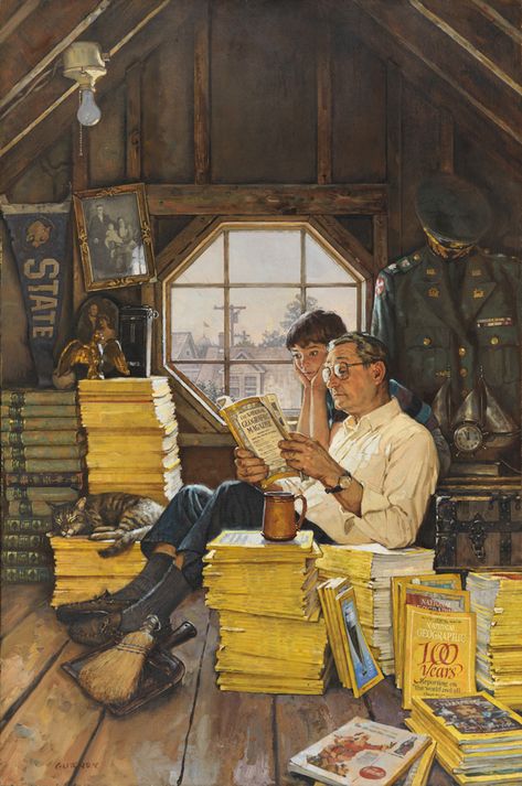 Illustration by James M. Gurney, National Geographic James Gurney, Stacks Of Books, Norman Rockwell Art, Howard Pyle, Rockwell Paintings, Norman Rockwell Paintings, 동화 삽화, Reading Art, Art Et Illustration