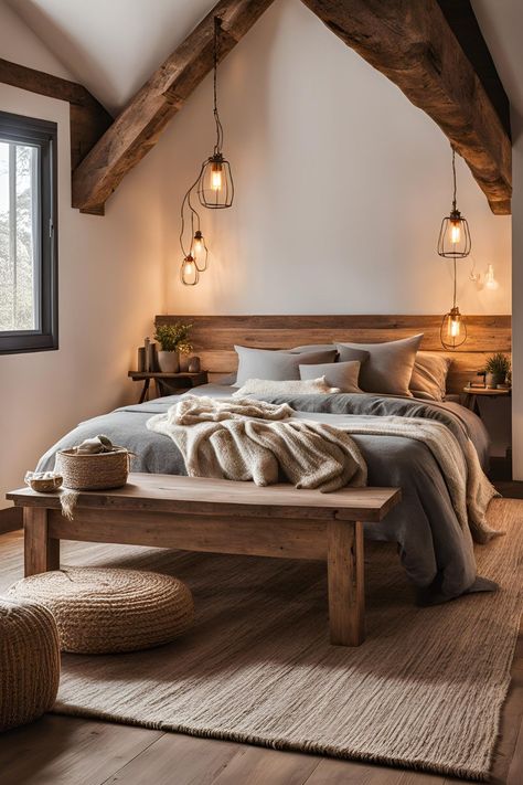 Rustic farmhouse-style hanging lights over a bed, blending cozy accents with modern design, including pendant lights and fairy lights for a relaxing bedroom. Rustic Hanging Lights, Light Bulbs Hanging, Bedroom Hanging Lights, Fairy Lights Diy, Hanging Bedroom Lights, Realistic House, Diy Pendant Lamp, Rustic Wood Floors, Inviting Bedroom