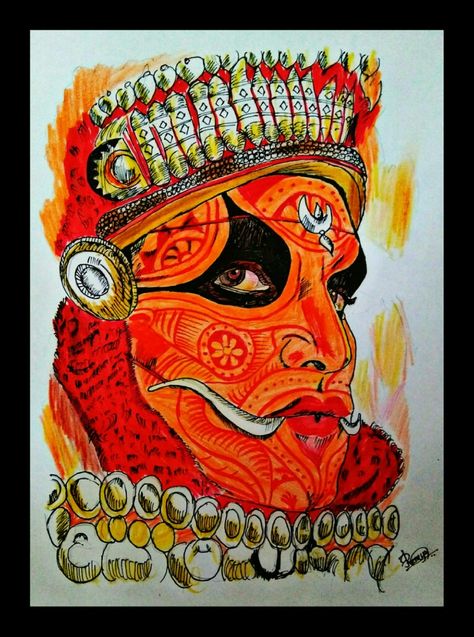 Theyyam Art Drawing, Muthappan Drawing, Theyyam Paintings, Theyyam Drawing, Theyyam Painting, Theyyam Art, Kerala Painting, Art Festival Poster, Kerala Mural Art