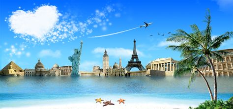 eiffel tower,big ben,holiday,aircraft,sea,starfish,pyramid,foreign construction,sandy beach,clouds,tree,blue sky,summer,tourism,taj mahal,statue of liberty,source file,300dpi,psd,psd layered material,poster banner,romantic,dream,eiffel,tower,big,ben,travel,material,download,template,foreign,construction,sandy,beach,blue,sky,taj,mahal,statue,liberty,source,file,layered,poster,banner,blue Travel Advertising Design, Best Holiday Destinations, Tourism Day, Facebook Cover Design, Romantic Dream, Dream Vacations Destinations, Travel Wallpaper, India Tour, Travel Vlog