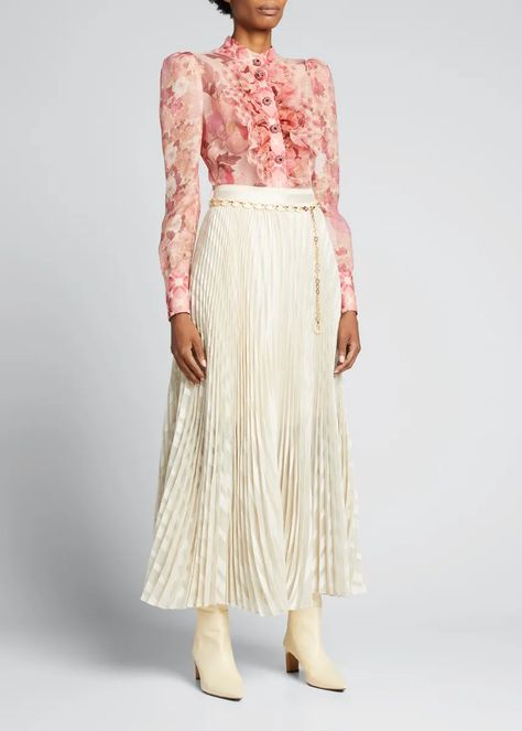 T2654 Zimmermann Burnout Sunray Pleated Long Skirt Puffed Long Sleeves, Pleated Long Skirt, Maxi Skirts, Button Shirt, Bergdorf Goodman, Long Skirt, Evening Gowns, Lace Skirt, Maxi Skirt