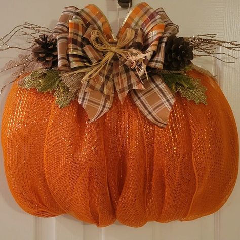 Cinnamon Scented Pinecones, Pumpkin Shaped Wreath, Pumpkin Wreath Diy, Scented Pinecones, Fall Mesh Wreaths, Fall Deco Mesh Wreath, Dollar Tree Pumpkins, Fall Deco Mesh, Pumpkin Door Hanger