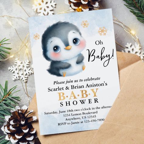 Cute Penguin Baby Shower Invitation Penguin Baby Showers, Unique Baby Shower Themes, Winter Baby Shower Themes, Penguin Theme, Penguin Baby, Baby Shower Party Games, Penguin Party, Baby Bar, Simple Baby Shower