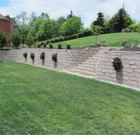 Allan Block Classic I Retaining Wall | Nitterhouse Masonry Allan Block Retaining Wall, Allen Block Retaining Wall, Retaining Wall Bricks, Backyard Hill, Concrete Block Retaining Wall, Landscaping House, Block Retaining Wall, Backyard Hill Landscaping, Fence Repair