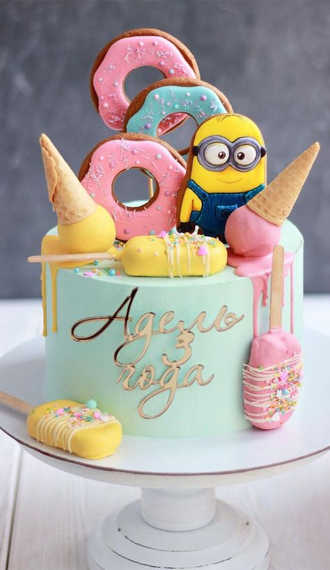 Girls Minion Birthday Party, Minion Birthday Party Girl, Minons Cake, Minions Cake Ideas, Minion Cake Ideas, Birthday Cake Minion, Kids Cake Design, Cake For 3rd Birthday, Minion Birthday Party Ideas