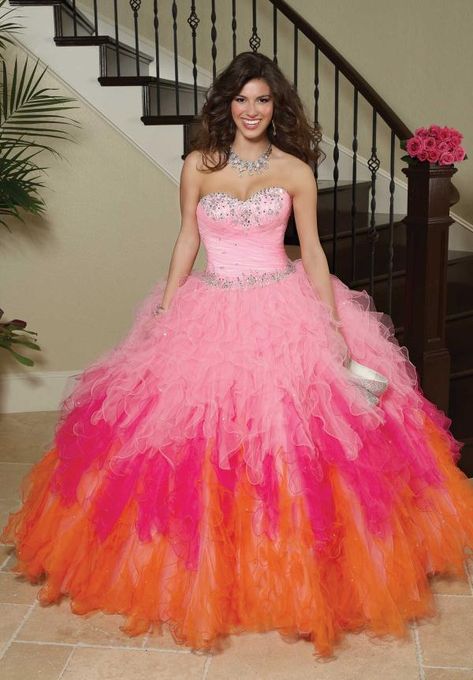 Bi-color quinceanera dresses are in! Here's a gallery of beautiful dresses like this one: http://www.quinceanera.com/dresses/roxys-bridal-fab-dress-designer-every-xv-girl-wants/?utm_source=pinterest&utm_medium=article&utm_campaign=242-roxys-bridal Pink Quinceanera Theme, Coral Quinceanera Dresses, Mori Lee Quinceanera Dresses, Quinceanera Theme, Cheap Quinceanera Dresses, Pink Quinceanera, Quinceanera Dresses Pink, Pretty Quinceanera Dresses, Fab Dress