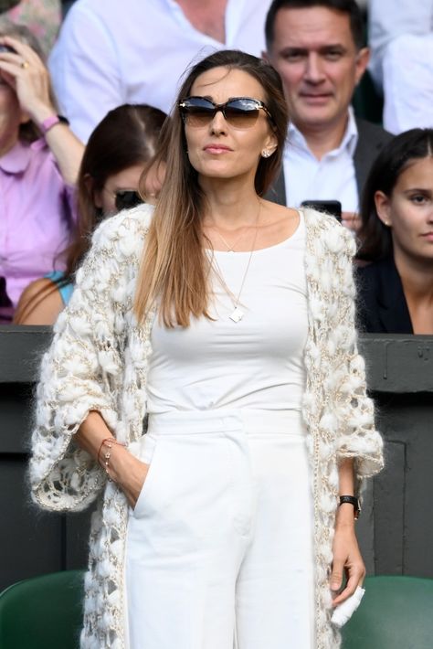 Novak Djokovic’s Wife Jelena Dons Serbian Cardigan at Wimbledon 2023 – WWD Jelena Djokovic, Serbian Women, Wimbledon 2023, Handmade Cardigan, Wimbledon Tennis, Handmade Knitwear, Butterfly Sunglasses, Tennis Player, Women Artisans