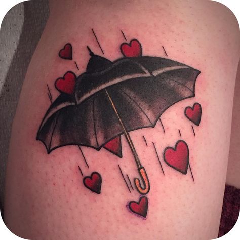 Mayday Parade Umbrella Tattoo, Umbrella Tattoo Small, Umbrella Tattoos, Rain Tattoo Ideas, Shower Tattoo, Rain Tattoo, Umbrella Tattoo, Patchwork Tattoo, Red Umbrella