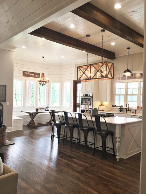 Kitchen, island, shiplap, wood beams, kitchen nook, modern farmhouse, farmhouse sink Beverage Building & Remodeling https://www.facebook.com/beveragebuilding/ Modern Country Kitchens, Farmhouse Kitchen Design, Rustic Farmhouse Kitchen, Kitchen And Dining Room, 아파트 인테리어, Exposed Beams, Kitchen Decorating, Modern Farmhouse Kitchens, Trendy Kitchen