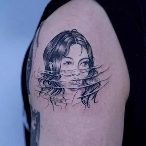 Woman in water by Oozy Tattoo private studio Seoul Head In Water Tattoo, Woman In Water Tattoo, Head Above Water Tattoo, Water Reflection Tattoo, Oozy Tattoo, Woman In Water, Reflection Tattoo, Japanese Demon Tattoo, Japanese Demon