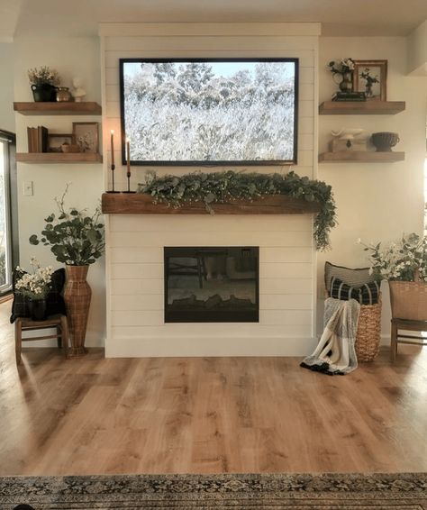 Farm House Gas Fireplace, Living Room Fireplace Mantel Decor, Shiplap Fireplace Bedroom, Farmhouse Modern Fireplace Ideas, Farmhouse Fireplace Mantels With Tv, Small Fireplace Mantle Decor With Tv, Fireplace Mantle Shiplap Wall, Fireplace With Shiplap And Brick, Diy Fireplaces Ideas