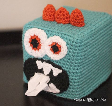 Repeat Crafter Me: Crochet Monster Kleenex Box Cover Free Pattern Crochet Teacher Gifts, Crochet Monster, Repeat Crafter Me, Kleenex Box Cover, Crochet Monsters, Confection Au Crochet, Kleenex Box, House Items, Crocheted Items