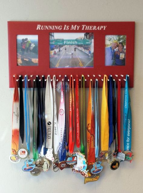 Picture Frame with Medal's Holder. Race Medal Displays, Sports Medal Display, Running Bibs, Running Medal Display, Running Medal Holder, Medal Rack, Trophy Display, Ribbon Display, Race Medal