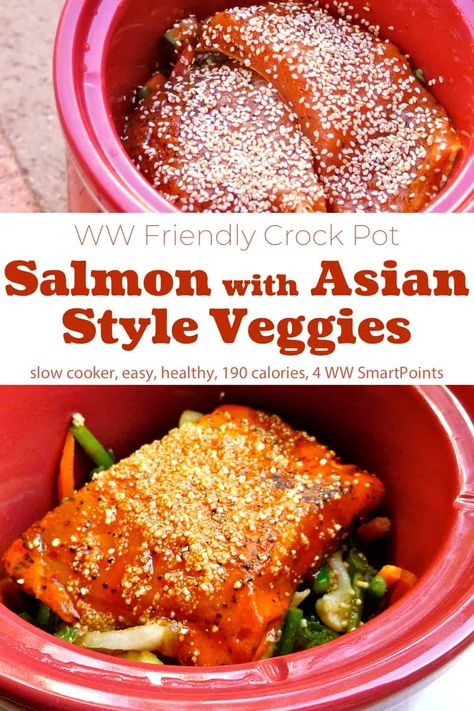 Easy, healthy and delicious Crock Pot Salmon Fillets and Vegetables in a tasty Asian style sauce. Dinner for two with just 190 calories and 4 WW Freestyle SmartPoints! #crockpotsalmon #salmonasianvegetables #slowcookersalmon #salmon Frozen Salmon Crockpot Recipes, Crock Pot Salmon, Crockpot Asian, Crockpot Salmon, Slow Cooker Salmon, Slow Cooker Asian, Plats Weight Watchers, Cooking Fish, Asian Vegetables