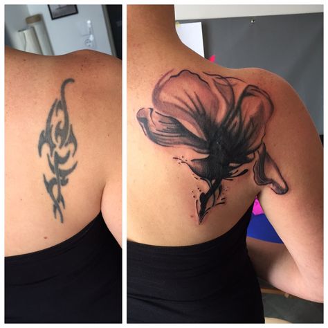 Women Shoulder Tattoo Cover Up, Cover Up Tattoos Back, Black Flower Tattoo Cover Up, Back Tattoo Cover Up, Black Cover Up Tattoos For Women, Back Tattoo Cover Up Ideas, Cover Up Flower Tattoo, Best Cover Up Tattoos For Women, Flower Cover Up Tattoos