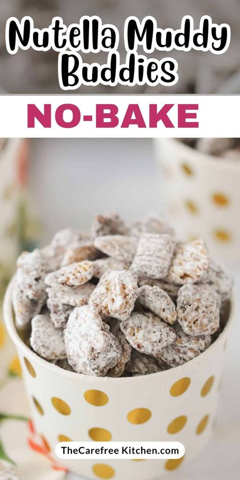 Nutella Muddy Buddies, made without peanut butter, are an addictive snack or sweet treat. Serve at parties, as an after school snack, or even as quick and easy homemade gifts. #thecarefreekitchen #nutella #muddybuddies #puppychow #snacks #sweetsnacks Easy After School Snack Recipes, Nutella Muddy Buddies, Nut Free Puppy Chow, Muddy Buddies Without Peanut Butter, Muddy Buddy Recipe Peanut Butter, Nutty Buddies Recipe Puppy Chow, Nutella Puppy Chow, Muddy Buddy Recipe, Chex Party Mix Recipe