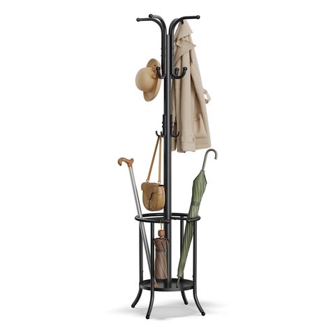 PRICES MAY VARY. [Hang with Ease] With 4 sturdy legs and a low, stable center of gravity, this coat rack allows you to confidently hang heavier coats and bags on 12 robust hooks (each hook holds up to 8.8 lb), ensuring your items stay securely in place [Protective Hooks] Featuring 12 ball-tipped hooks, this coat rack stand protects your clothes from damage while also preventing them from slipping off [Enhanced Stability] The 4 ball-shaped adjustable feet of this coat rack freestanding provide ex Coat Rack With Umbrella Stand, Umbrella Stand Entryway, Coat Rack Stand, Metal Coat Rack, Standing Coat Rack, Umbrella Holder, Heavy Coat, Hallway Living Room, Entryway Hallway