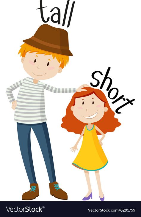 Opposite adjectives tall and short Royalty Free Vector Image Opposites For Kids, Opposites Preschool, Ingles Kids, Tall And Short, Teach English To Kids, English Activities For Kids, Opposite Words, Learning English For Kids, Flashcards For Kids