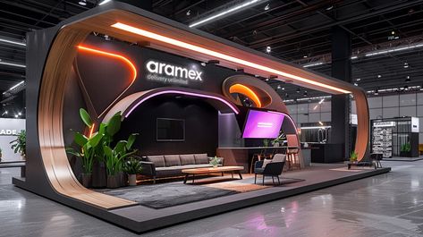 Aramex expo booth concept - AI :: Behance Open Booth Design, Futuristic Booth Design, Digital Art Exhibition, Art Exhibition Design, Modern Futuristic, Stall Design, Exhibition Stands, Stall Designs, Exhibition Stand Design