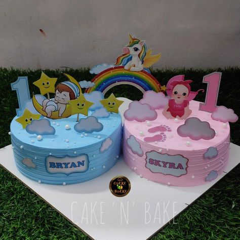 Twin Birthday Cakes Boy And Girl, Cake For Twins Boy And Girl, Twins Cake Design, Birthday Cake For Twins Boy And Girl, Twin Baby Birthday, Topper Kue, Cake Designs For Boy, Twin Birthday Cakes, Twins Cake