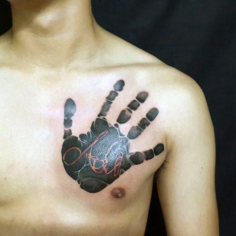 Black Ink Handprint With Red Ink Name Mens Chest Tattoos Handprint Tattoo Men, Hand Print Tattoo For Guys, Hand Print Tattoo Ideas, Handprint Tattoo Ideas, Hand Print Tattoo, Handprint Tattoo, Hand Print Tattoos, Good Family Tattoo, Medium Size Tattoos