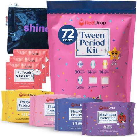 PRICES MAY VARY. Ready for Anything: Our RedDrop period kits for girls 10-12 are packed with leakproof, multi-absorbency pads to ensure your tween feels super supported, whether she's at school or playing sports. Just Her Size: Regular pads can be a drag. That’s why our girls first period kit is perfectly sized for tweens. They're comfy, absorbent, and just right for young movers and shakers! 72-Piece Period Pack: Everything she needs in one fab kit! 30 everyday pads, 14 FlowDay & 14 FlowNight p Period Basket For Daughter, First Period Gift Ideas, First Period Kit Daughters, Period Kits For Middle School, Period Basket, Teen Period Kit, Alcohol Basket, Locker Essentials, Period Supplies