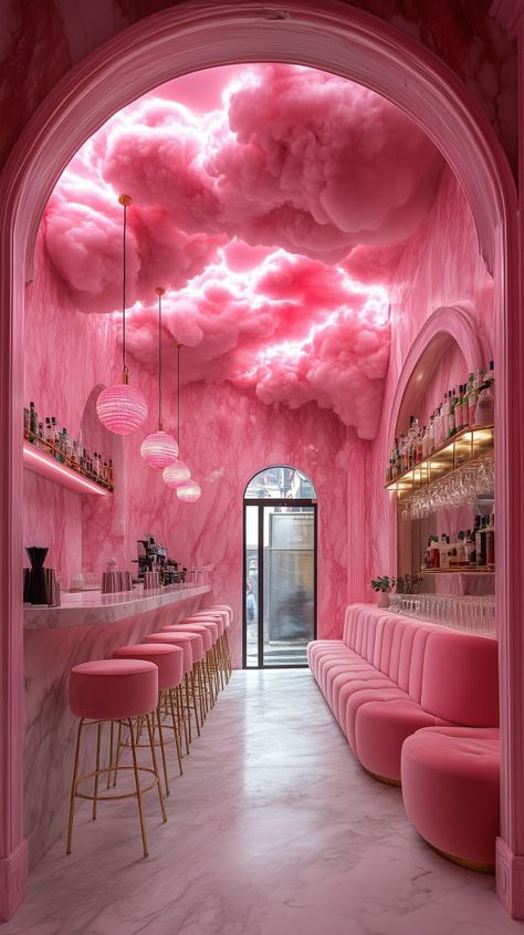 Pink and white marble, the interior design of an ice cream parlor with arches, pastel pink clouds on the ceiling, neon lights, a bar on one side, and velvet seating. --ar 9:16 --v 6.1 --s 750 Marble Ice Cream, Cafe Interior Ideas Creative, Pink Bar Ideas, Pastel Pink Interior Design, Girly Restaurant Interior, Dessert Interior Design, Pink Cloud Ceiling, Cloud Interior Design, Ice Cream Parlour Interior